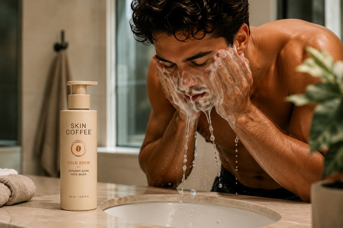 Customer washing face with Skin Coffee Cold Brew